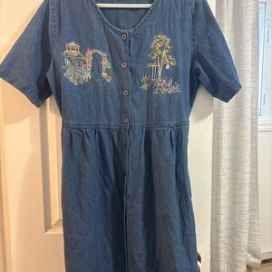 Vintage Blue Denim Dress with Embroidered Design